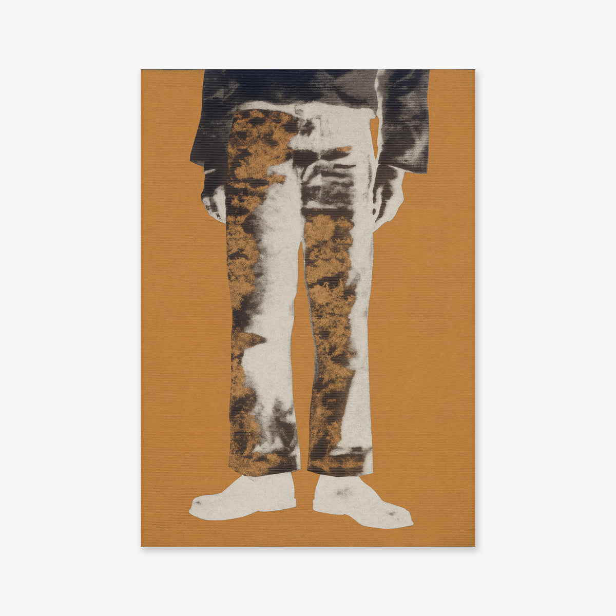 A stylized, monochrome Giclée print titled "Jeans" depicts only hands, legs, and feet in mottled pants and shoes on an amber background. Printed on archival paper, it's perfect for modern interiors and lasting display.