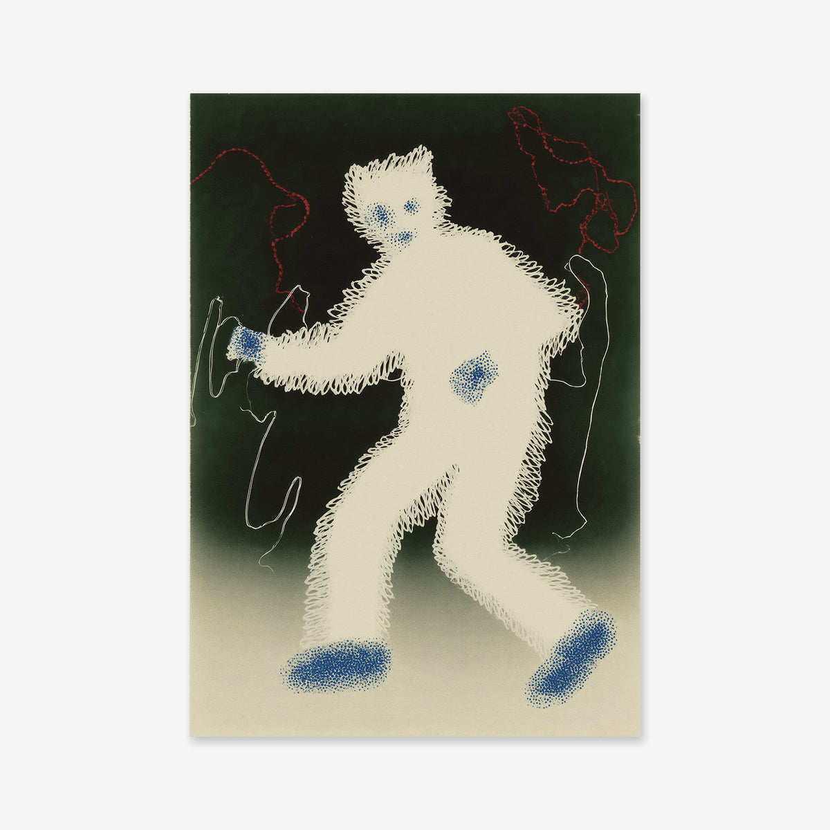 Keep on dancing is a Giclée art print on matte archival paper featuring abstract, textured white human figures outlined with squiggly lines against a dark green background with red and blue accents—ideal for modern decor.