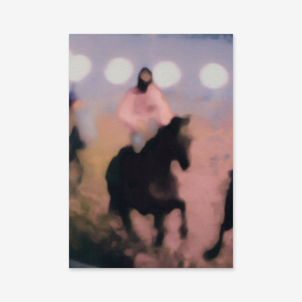Keep on moving" features a blurry figure atop a dark horse, dressed in light tones, surrounded by glowing circles in a dreamy ambiance—ideal as a Giclée art print to bring modern sophistication to your interior decor.