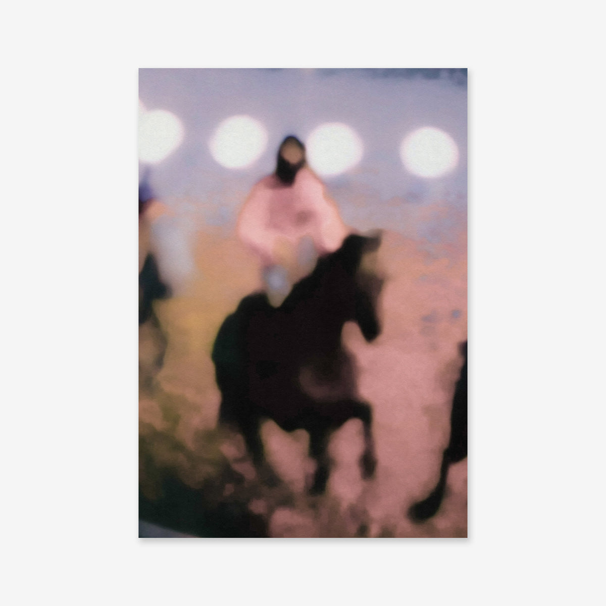 Keep on moving"—a blurry, abstract image of a light-clad figure riding a dark horse among glowing round lights and soft colors—makes an ideal Giclée art print for modern interiors.