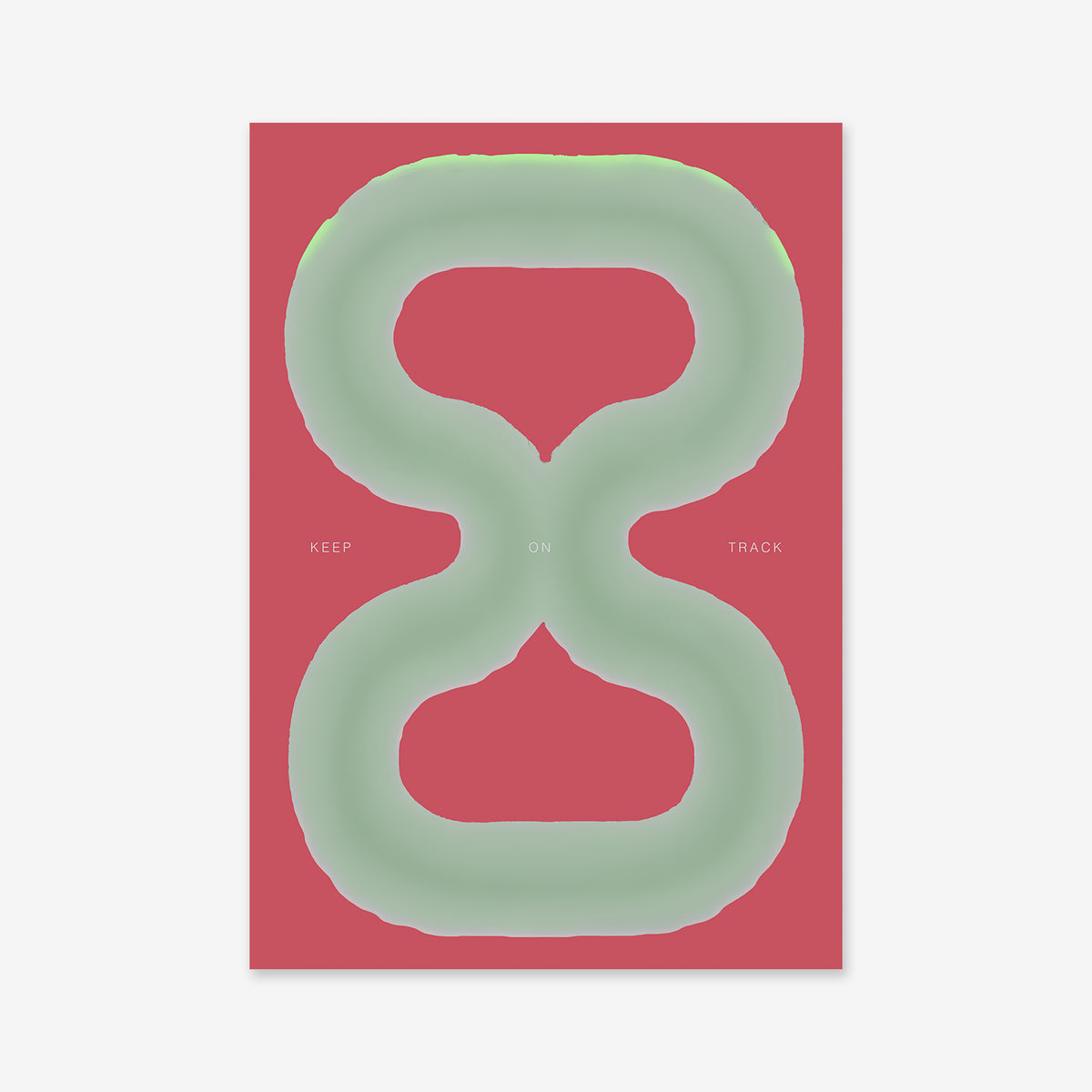 Keep on track No. 2 features a green, figure-eight track centered on a red background, with “KEEP ON TRACK” spaced around the middle—making this giclée art print a bold statement for modern interiors.