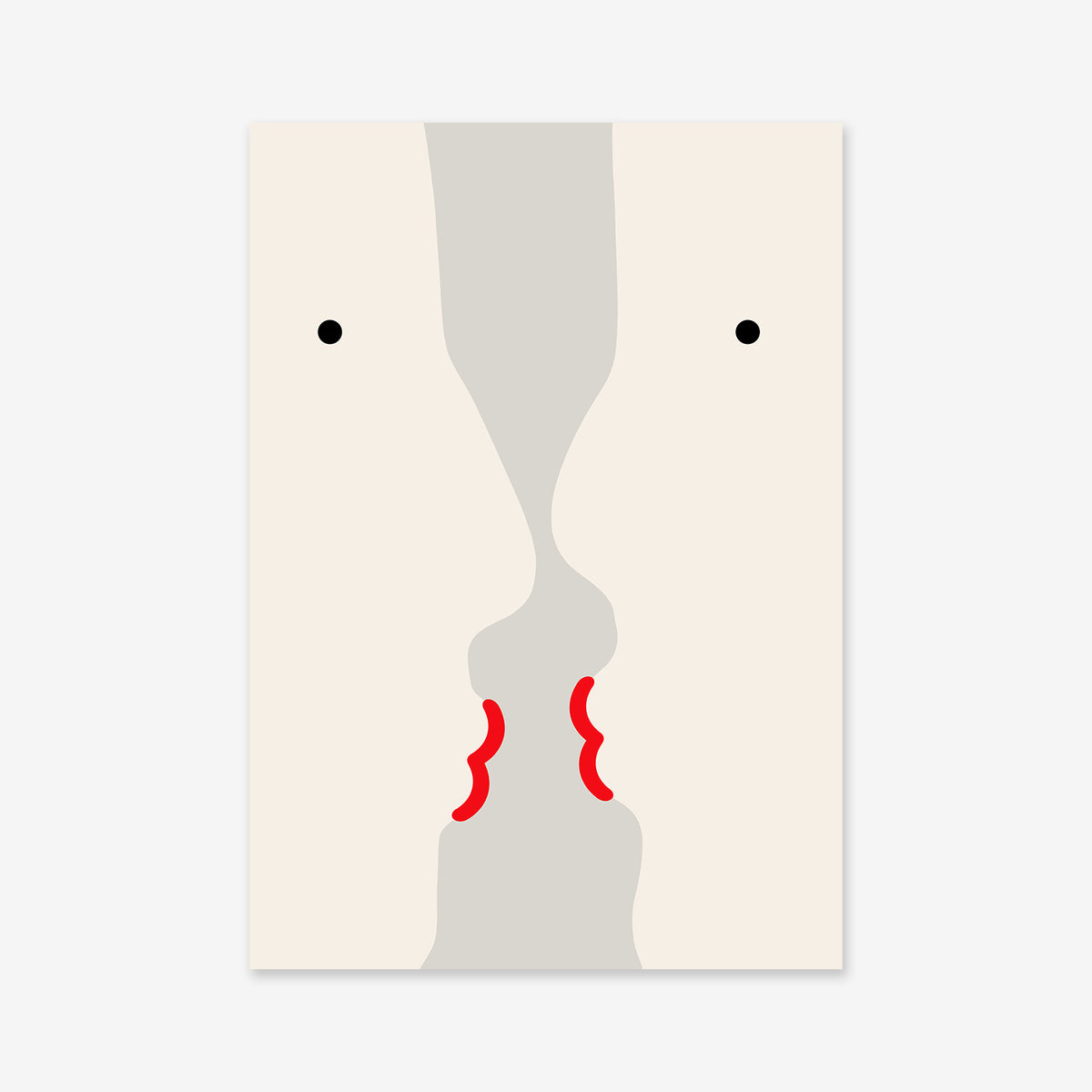 Kissing" features a minimalist illustration of two abstract faces in profile with black dotted eyes and red lips touching, outlined in light gray on a white background—ideal as a giclée art print for contemporary spaces.