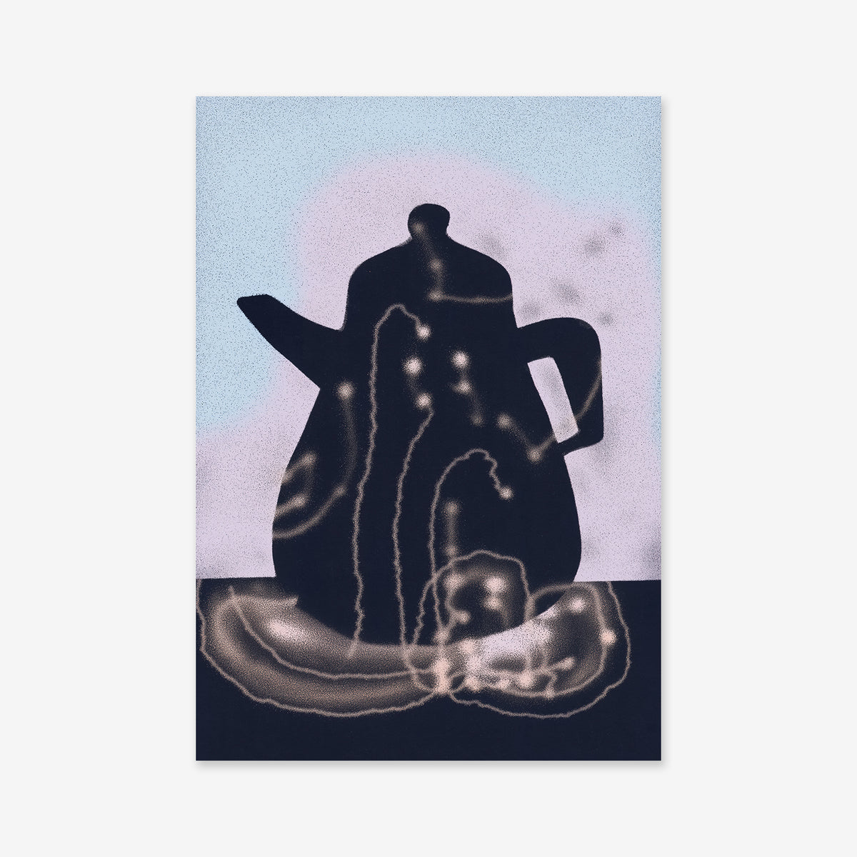 A dark "Leaking teapot" silhouette rests on a surface with glowing abstract light trails against a blue-purple background—ideal as a Giclée art print for modern interiors.