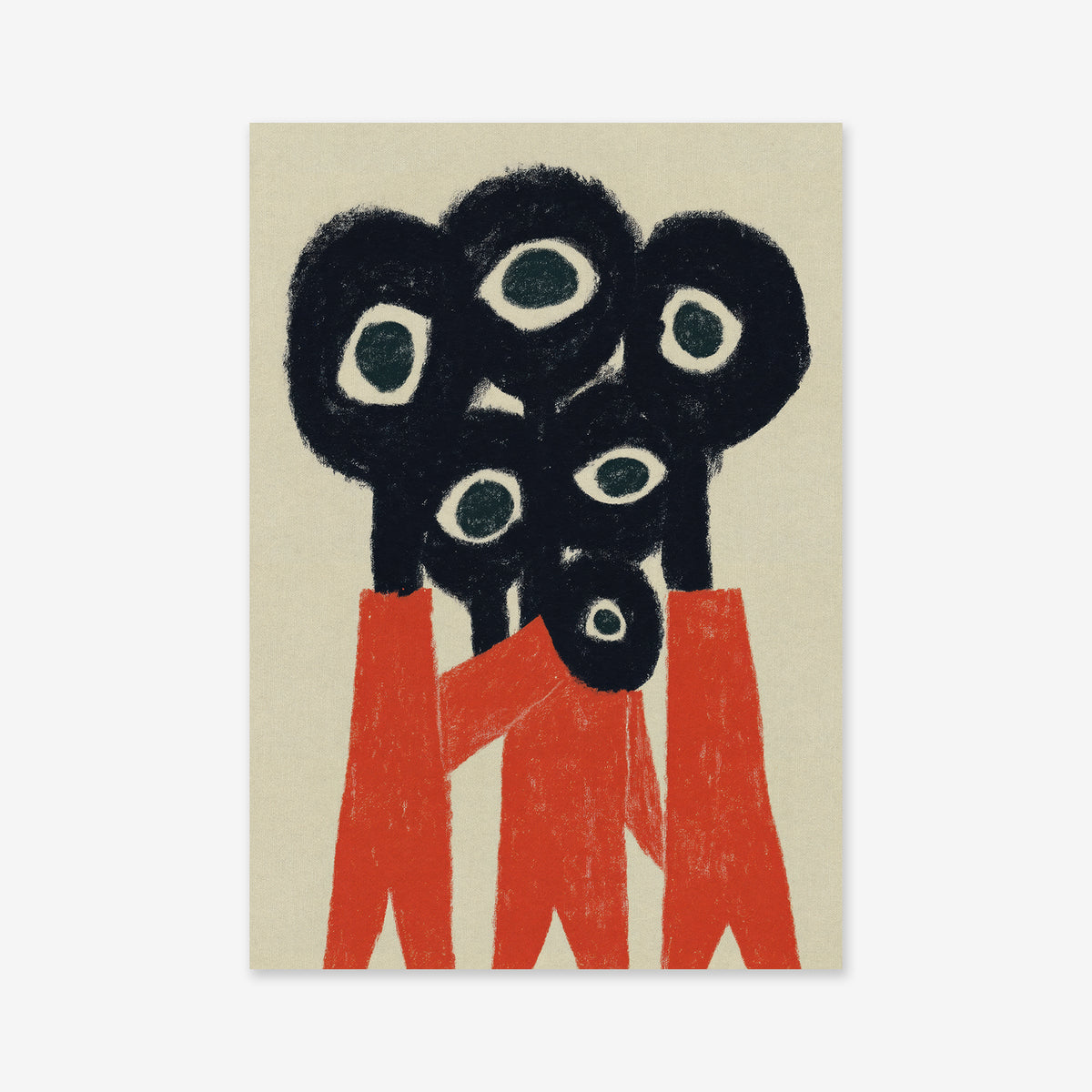 Leave us alone" features an abstract drawing of three figures in red outfits with black, round heads and striking white and green eyes. Ideal as a giclée art print on matte archival paper, it's perfect for modern interior decor.