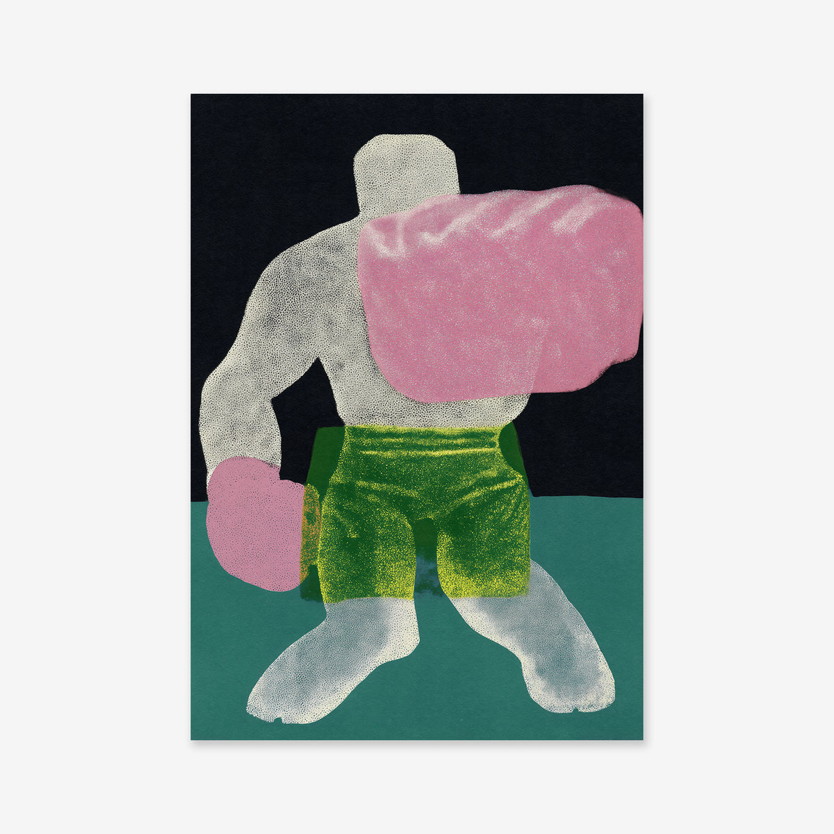 Left hook No. 1 features a stylized, kneeling headless figure with large pink boxing gloves and green shorts on a dark teal background—a striking giclée art print to enhance any modern interior.
