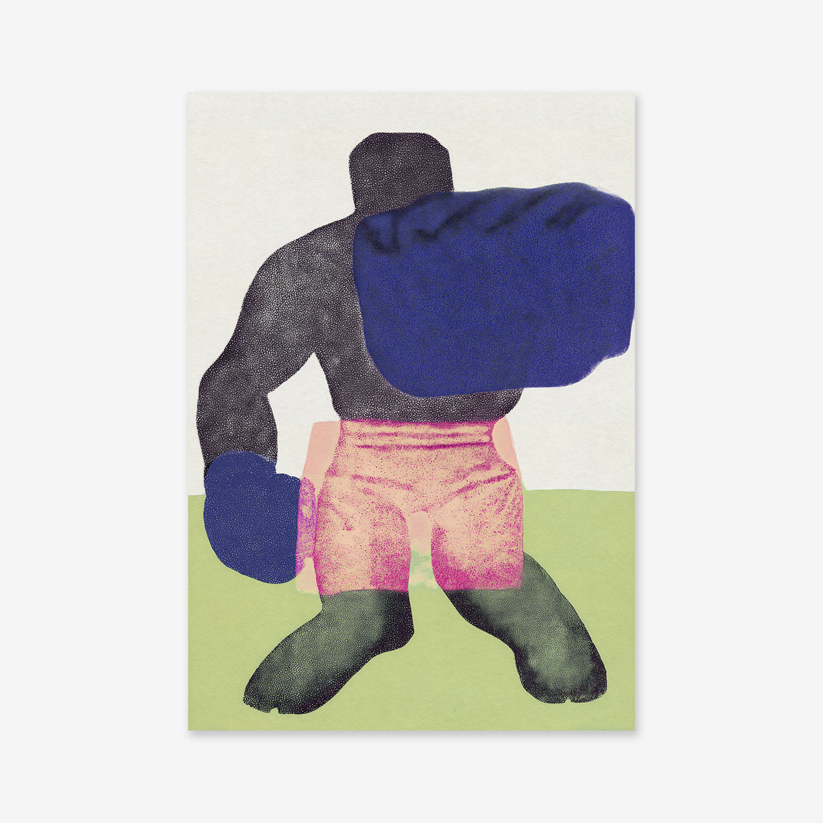 Left hook No. 2: An abstract illustration featuring a headless boxer with oversized blue gloves, pink shorts, and dark green legs on a green surface—ideal as a Giclée art print for modern interiors.
