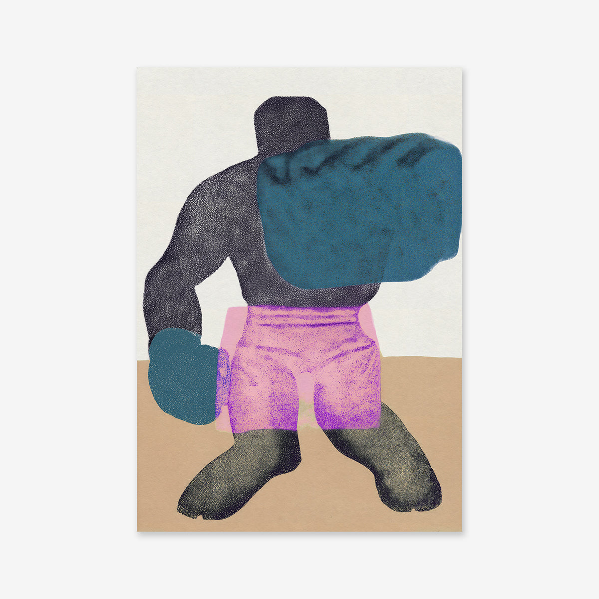 “Left hook No. 3” is a striking giclée art print depicting a headless boxer with a dark, textured body, oversized blue boxing gloves, and pink shorts on a tan surface—ideal for modern interiors.