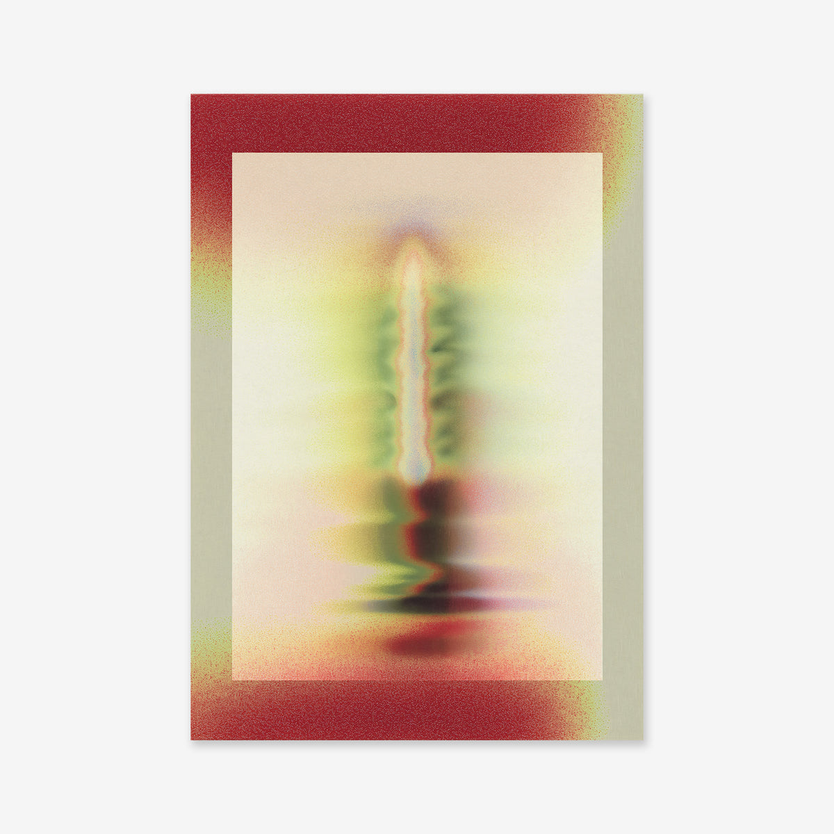 Light therapy No. 1 is a vertical abstract giclée art print with a blurred glowing shape like a flame, surrounded by soft red, green, and yellow hues and a red gradient border—ideal for modern interiors.