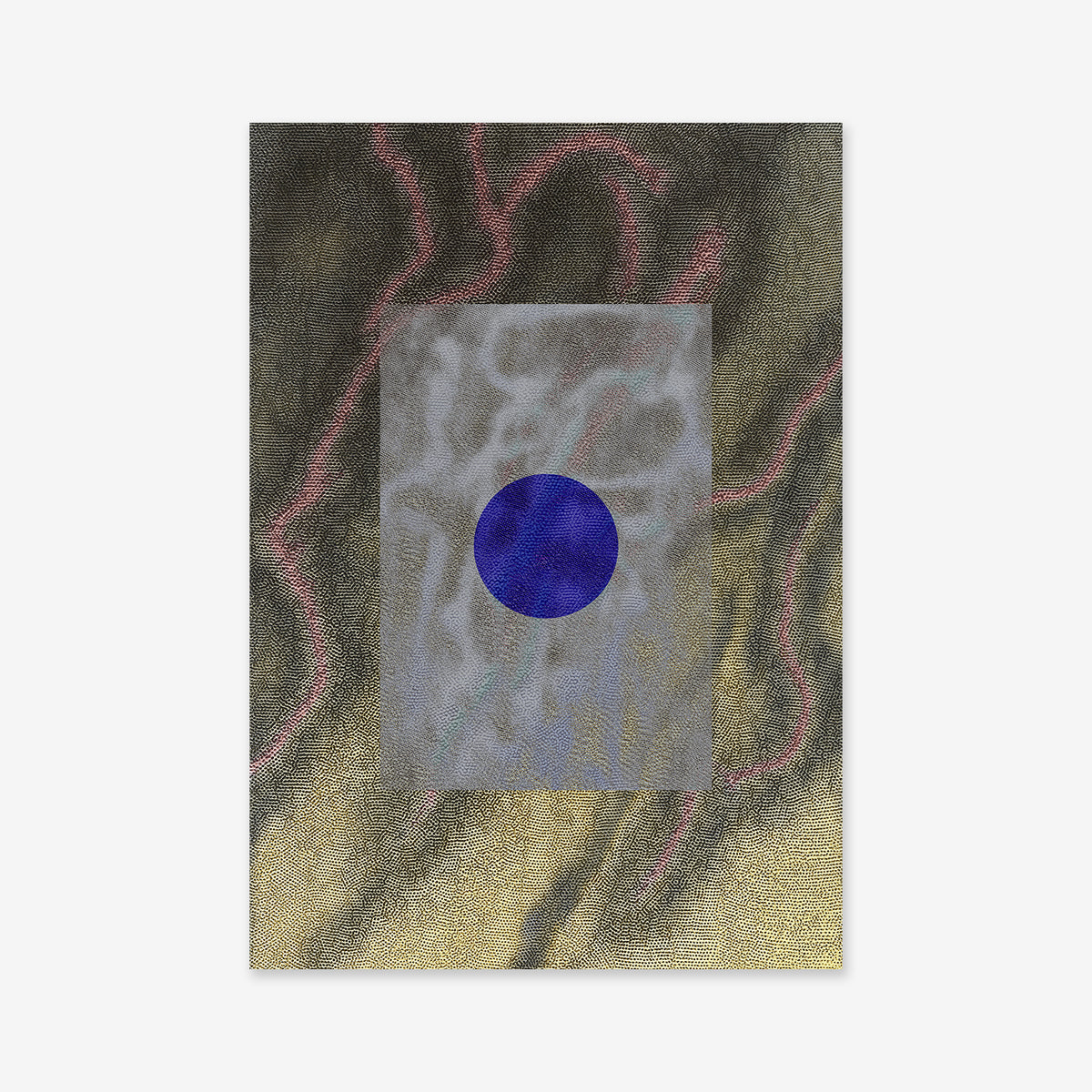 Lightning" features a central blue circle within a gray rectangle, highlighted by wavy black, gold, and pink lines on white canvas—a bold giclée art print ideal for modern spaces.