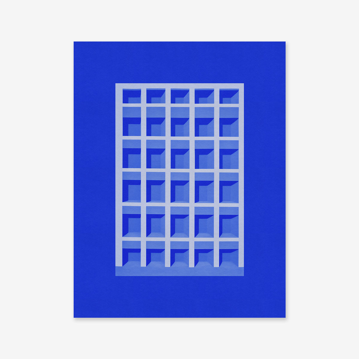 Lil skyscraper - Blue: A geometric grid of five-by-five shadowed blue squares forms a 3D effect on a solid blue background, ideal as a Giclée art print for contemporary interiors.