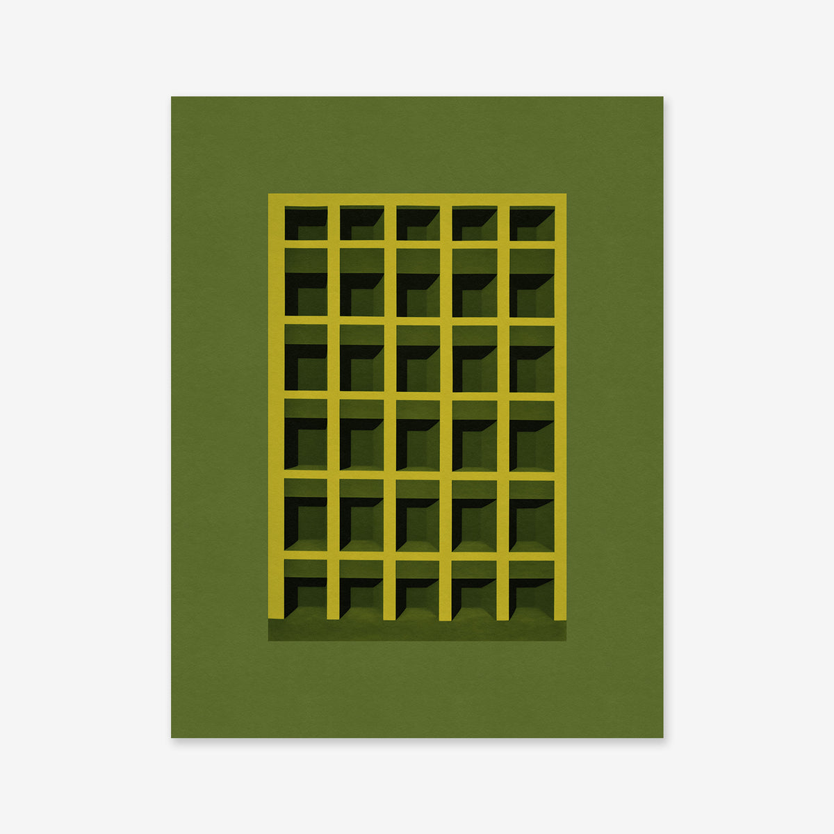 Lil skyscraper - Green is a minimalist Giclée art print featuring a yellow grid casting shadows on a green background, with geometric 3D shapes and a rectangular frame—ideal for modern interiors.