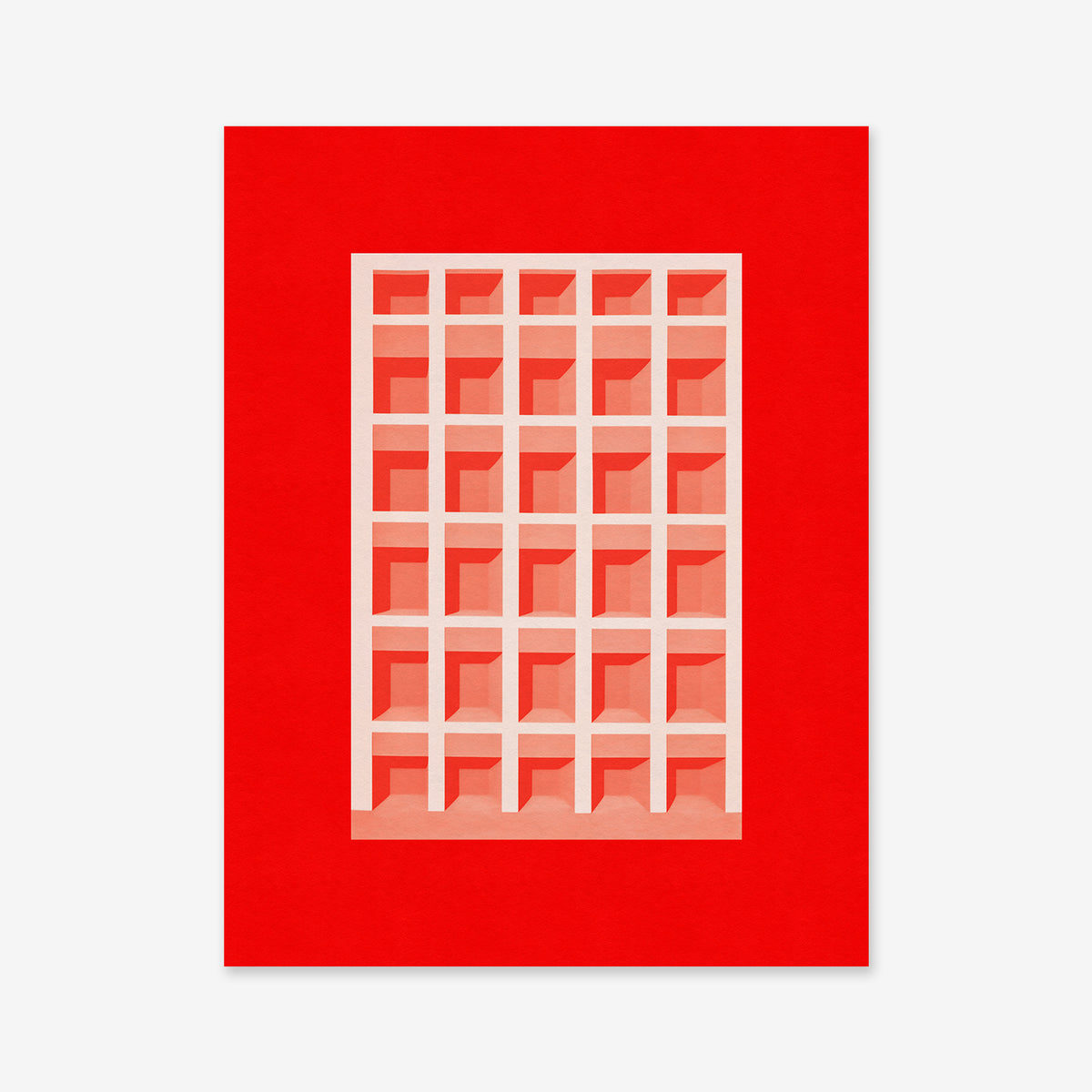“Lil skyscraper – Red” features a minimalist illustration of a rectangular waffle with a neat grid in beige and pink tones against a vivid red backdrop—ideal as a Giclée art print for modern interiors.