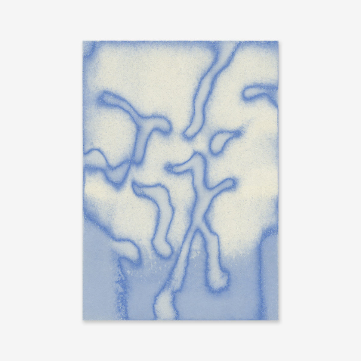 Liquefy is an abstract artwork with soft, flowing blue lines and shapes on a white background, creating a cloud-like effect. Ideal as a giclée art print to elevate any modern interior.