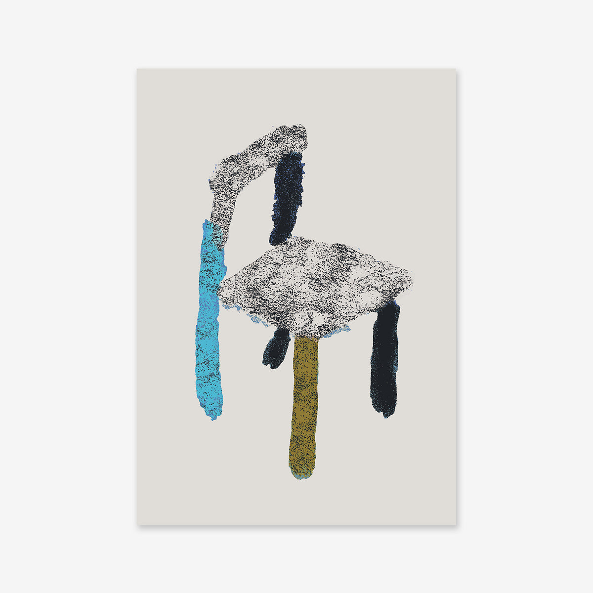 Lonely chair: An abstract illustration of a textured, irregularly shaped blue, yellow, and black chair with uneven legs on a plain light gray background—ideal as a Giclée art print on archival paper for modern interiors.