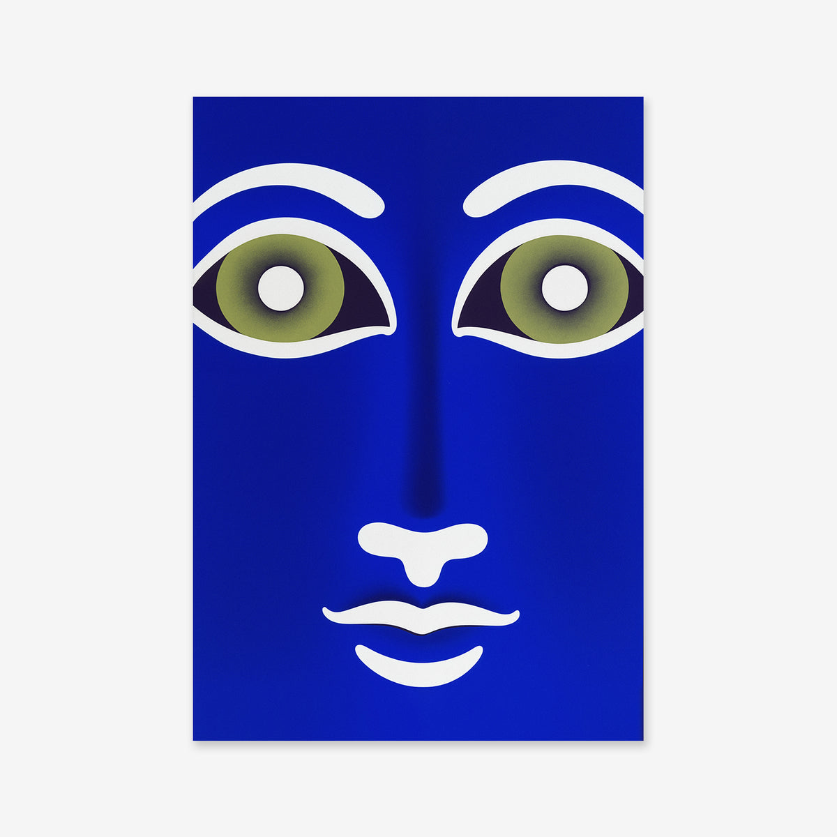 Look into my eyes is a minimalist, abstract blue face with large eyes and white outlines on a plain background. This bold giclée art print elevates any modern space and is crafted on premium archival paper.