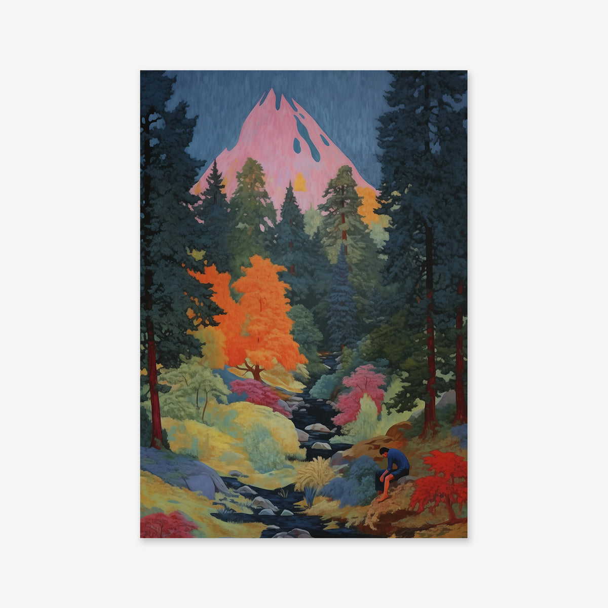 Lost in the woods" is a vibrant Giclée art print featuring colorful green, orange, red, and yellow trees, a central stream with a crouching figure, and a pink snow-capped mountain—ideal for modern interiors.