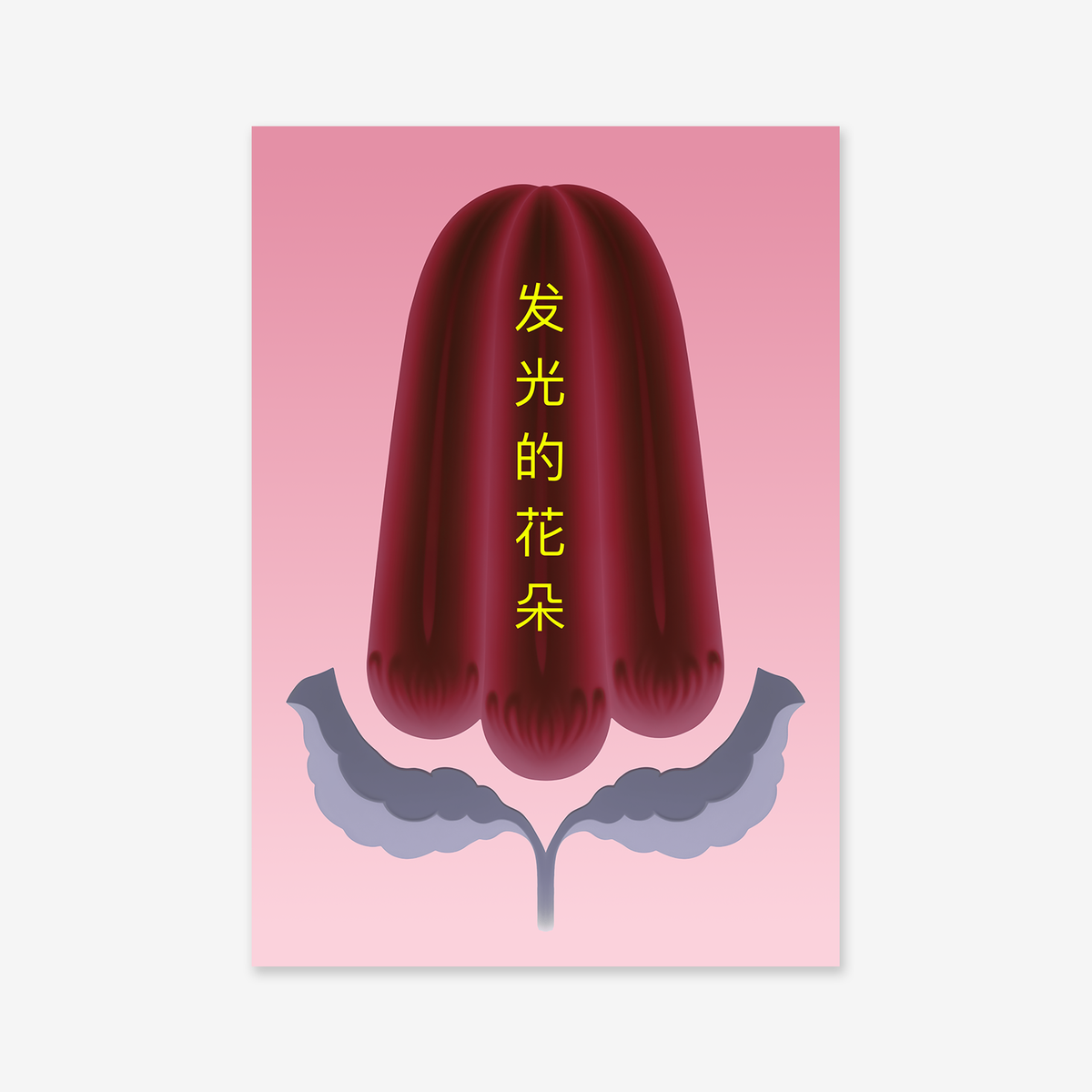 Luminous flowers No. 4: Digital art of a dark red abstract flower with gray leaves on a pink gradient, featuring yellow Chinese text 发光的花朵 (glowing flower). Perfect as a modern giclée print for interior decor.