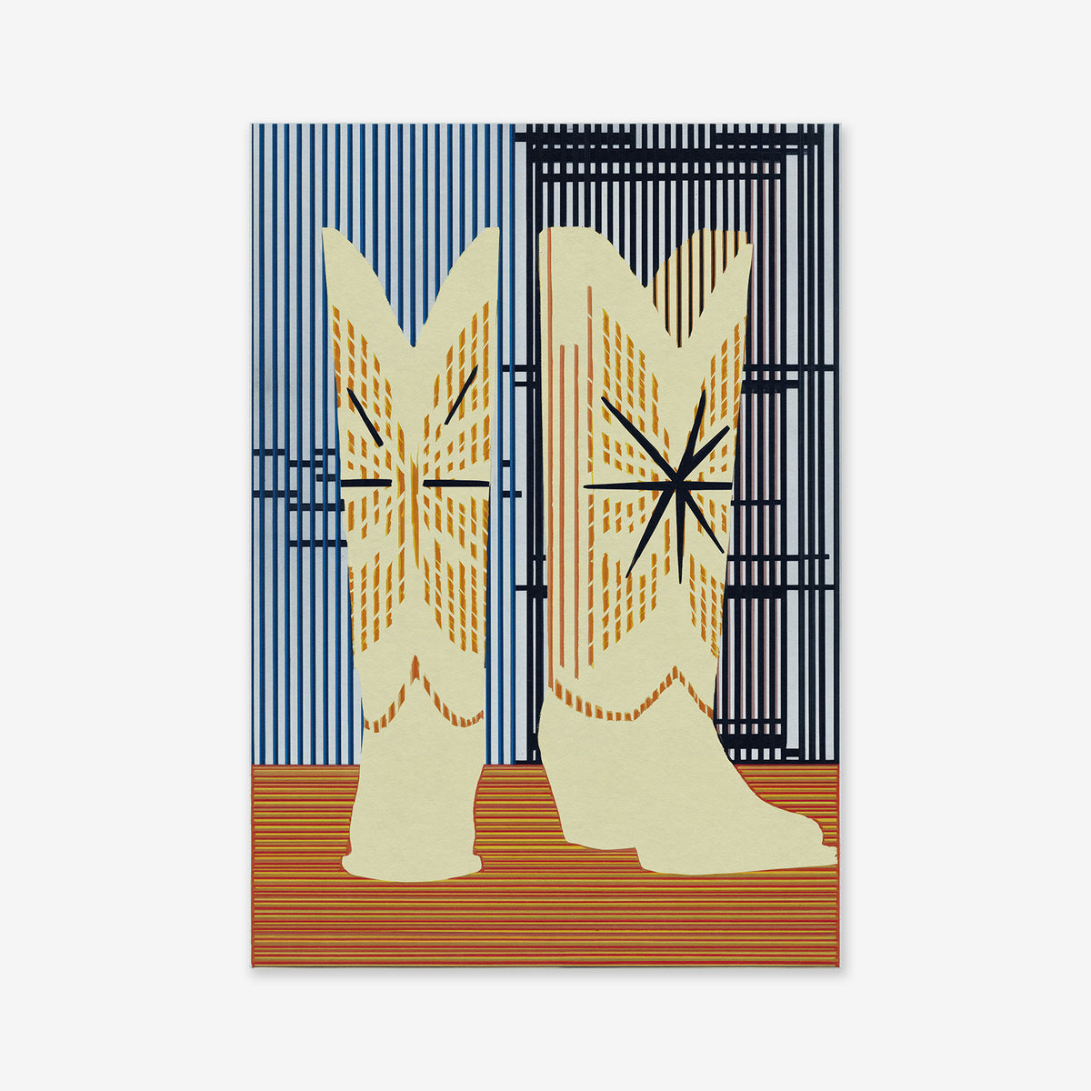 “Made for walking” features two yellow cowboy boots with decorative patterns standing side by side on a striped brown floor, set against a blue and black striped background—ideal as a modern giclée art print.