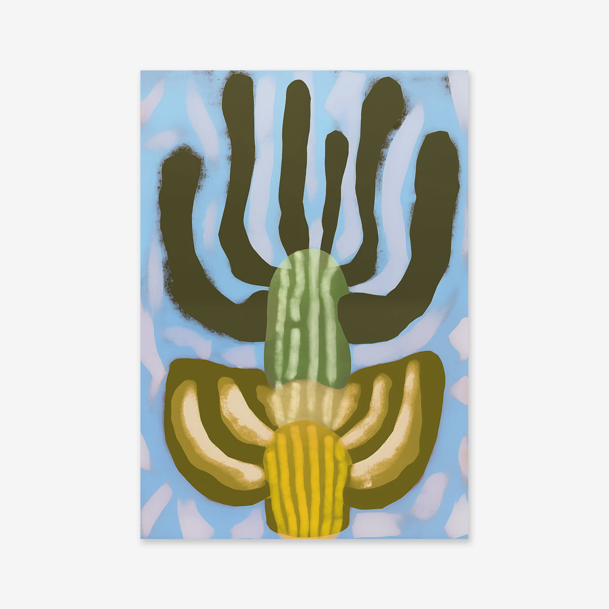Magical cactus: an abstract painting featuring a symmetrical, organic shape with green and yellow sections and dark green limbs on a blue and white patterned background—perfect as a Giclée art print for modern interiors.