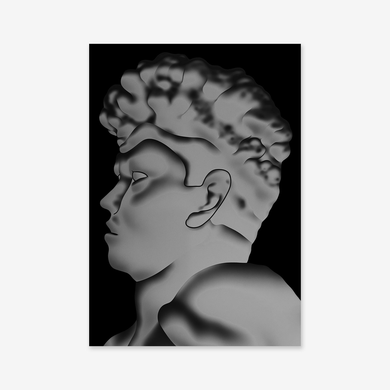 Man of Chrome is a grayscale digital illustration depicting a classical sculpture’s head and shoulders in profile on a solid black background. This giclée art print on archival paper brings timeless elegance to modern spaces.