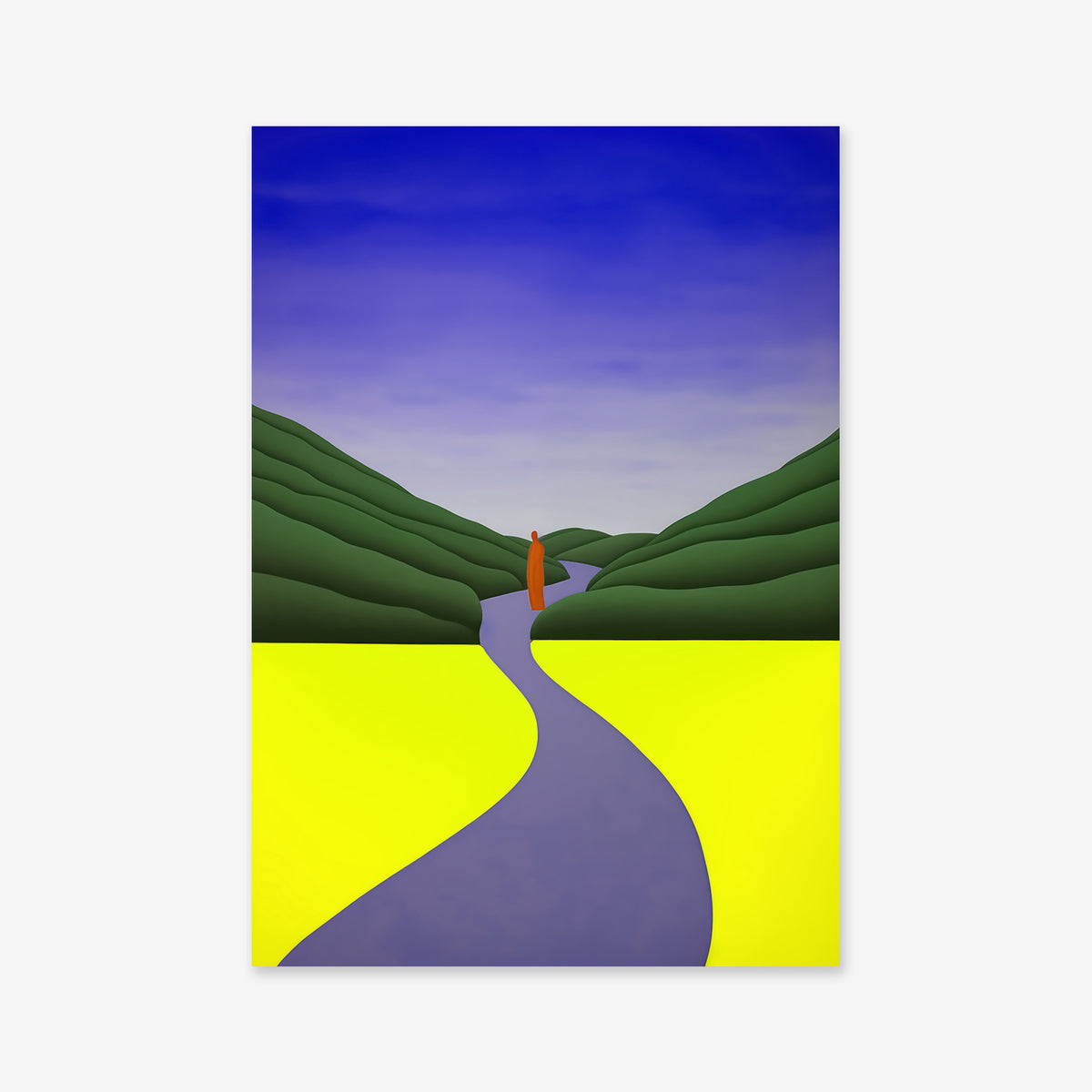 Man on the road No. 1" is a minimalist giclée art print with a violet road through yellow fields and green hills, featuring a tiny red figure under a vivid blue and purple sky—ideal for modern interiors.