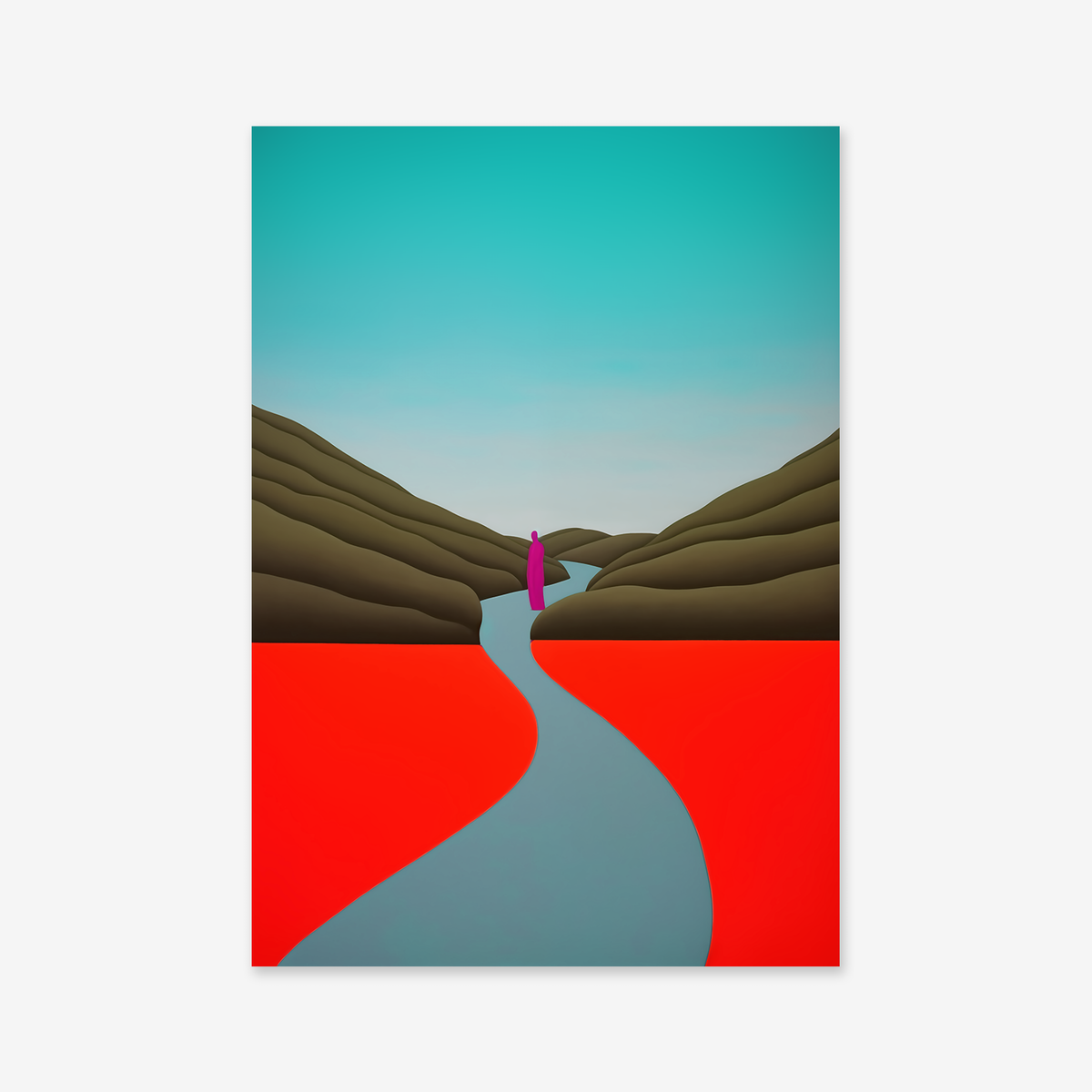 Man on the road No. 2" depicts a figure in a magenta cloak on a blue path among brown hills and red fields beneath a bright sky—an eye-catching giclée art print, perfect for modern interior decor.