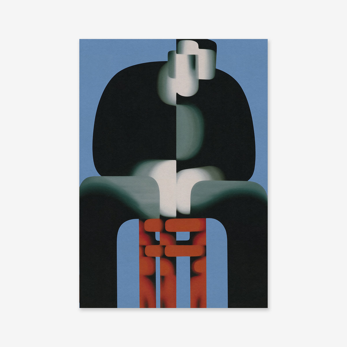 Man sitting No. 1: An abstract digital artwork featuring a seated human-like figure with a black upper body, white face and hands, green gradient legs, and orange-red lower legs on blue—ideal as a Giclée art print for modern interiors.