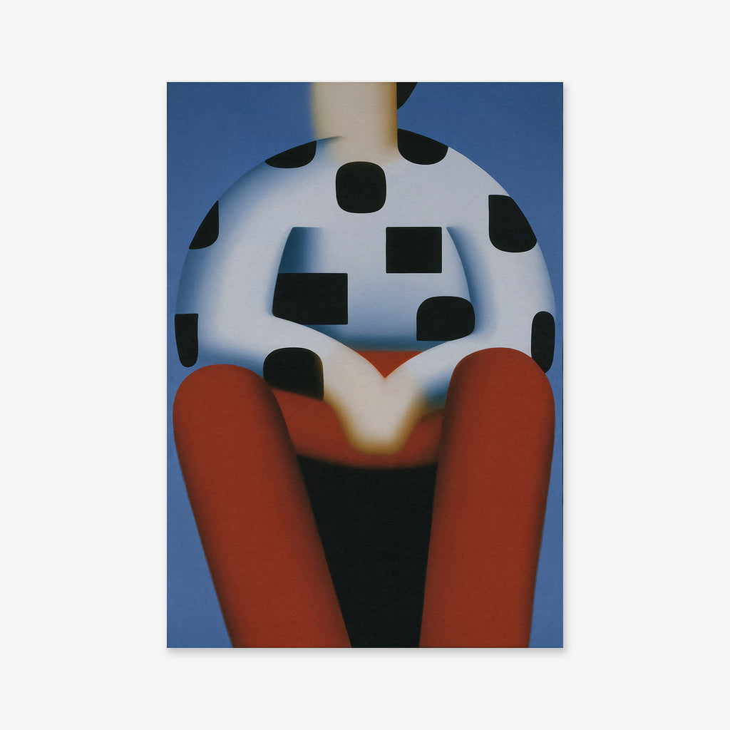 Man sitting No. 2" features a modern, abstract figure with a white torso decorated in black shapes, red legs, and a blue background. Smooth gradients and minimalistic design make it an ideal giclée art print for contemporary interiors.