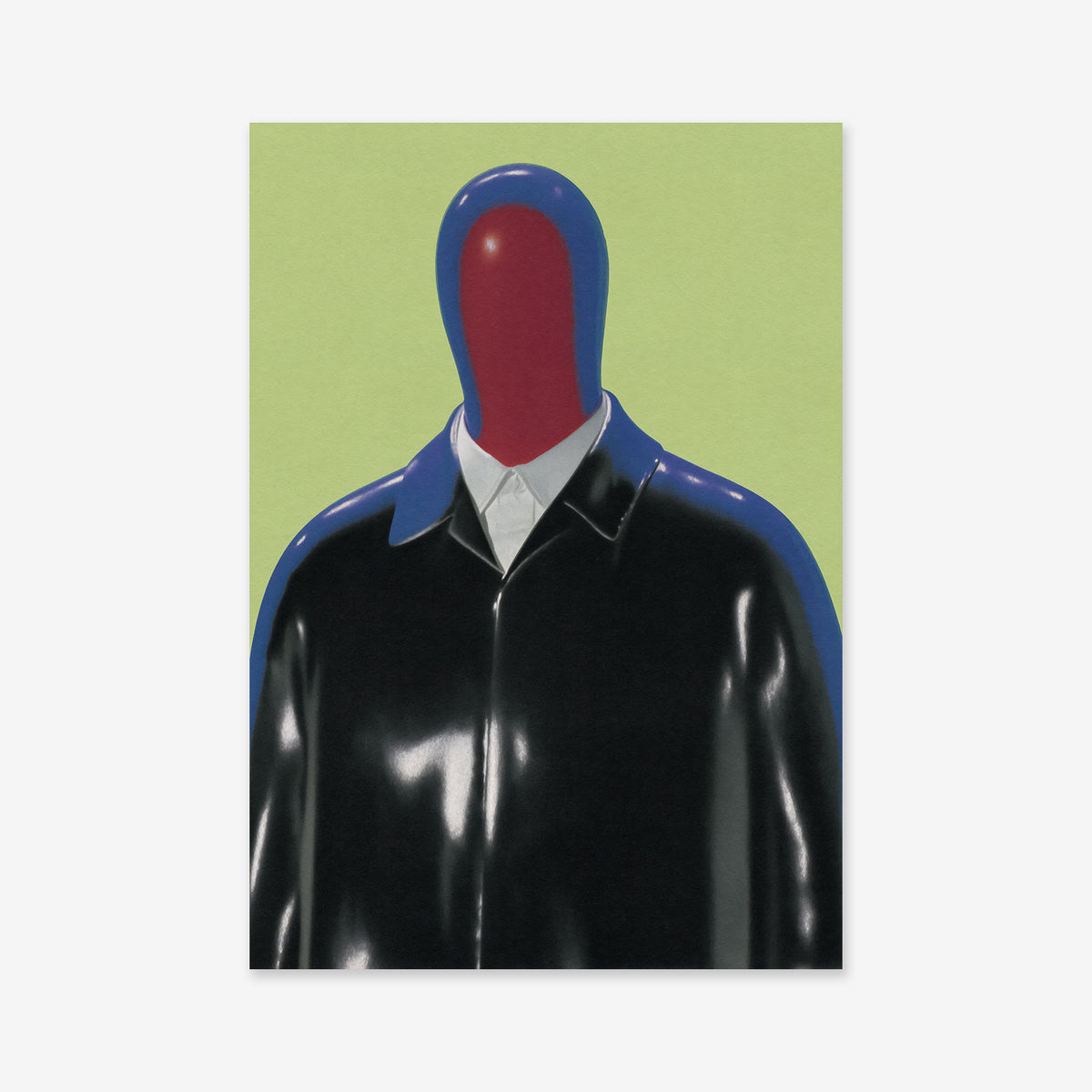 Mannequin" is a digital artwork featuring a faceless figure in a shiny black coat and white collared shirt, with a smooth red face bordered in blue on a pale green background—ideal as a Giclée print on archival paper for modern spaces.