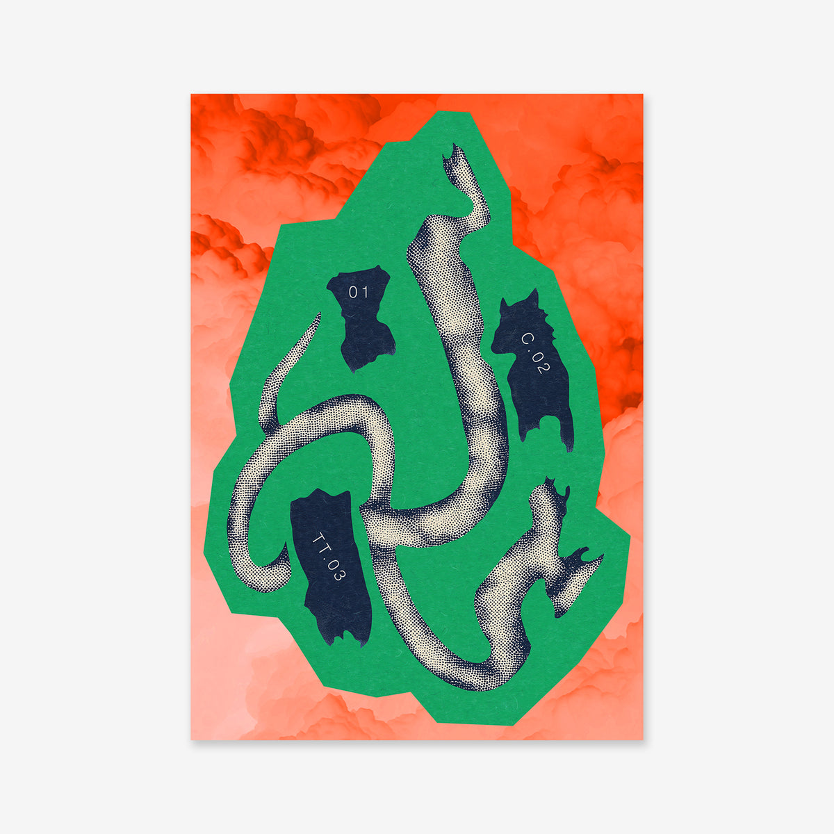Mapping is a collage giclée art print showing a black and white snake coiled on green, with three dark blue shapes labeled O1, TiO3, and C0.2 on an orange cloudy background—ideal for modern interiors.