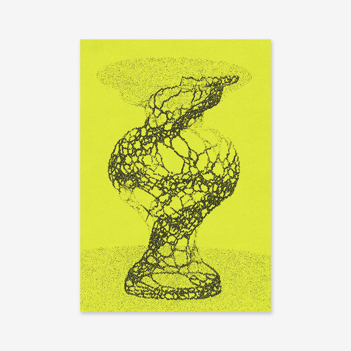 Marble Vase No. 1 is a Giclée art print featuring a black abstract, twisting vase-like shape made of clustered dots on bright yellow, with organic lines and pixelated texture—ideal for modern interiors.