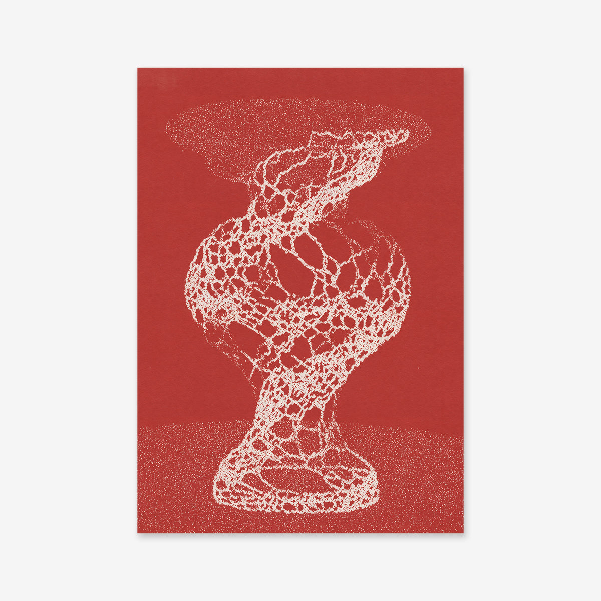 Marble vase No. 2 features a white, abstract lace-like vase formed by dot patterns on a bold red background, making this giclée art print a striking addition to any modern interior.