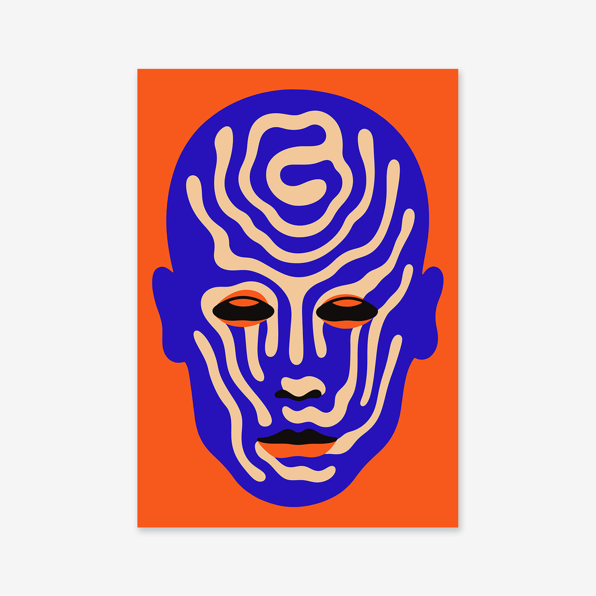 Maze face features a stylized abstract blue face with hollow dark eyes and bold wavy lines on an orange background. Printed as a Giclée art print on matte archival paper, it's ideal for modern interior decor. Minimalist features stand out.