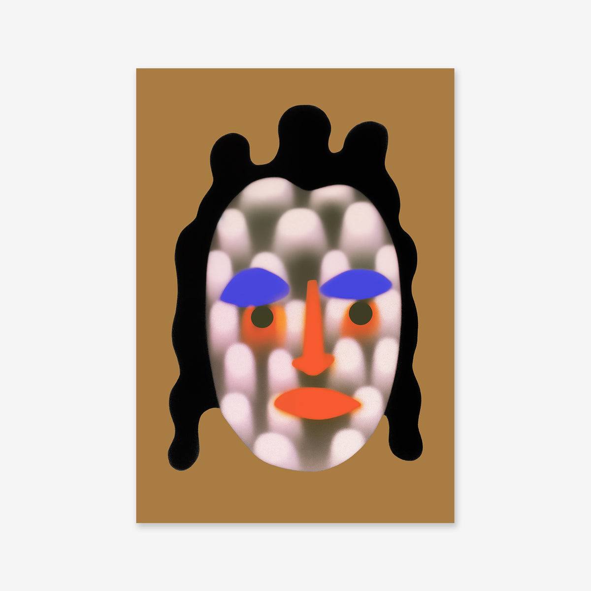Mean mug is a bold giclée art print featuring an abstract face with dark wavy hair, blue eyebrows, and orange nose and lips against a blurred brown and white background—perfect for adding a surreal touch to modern interiors.