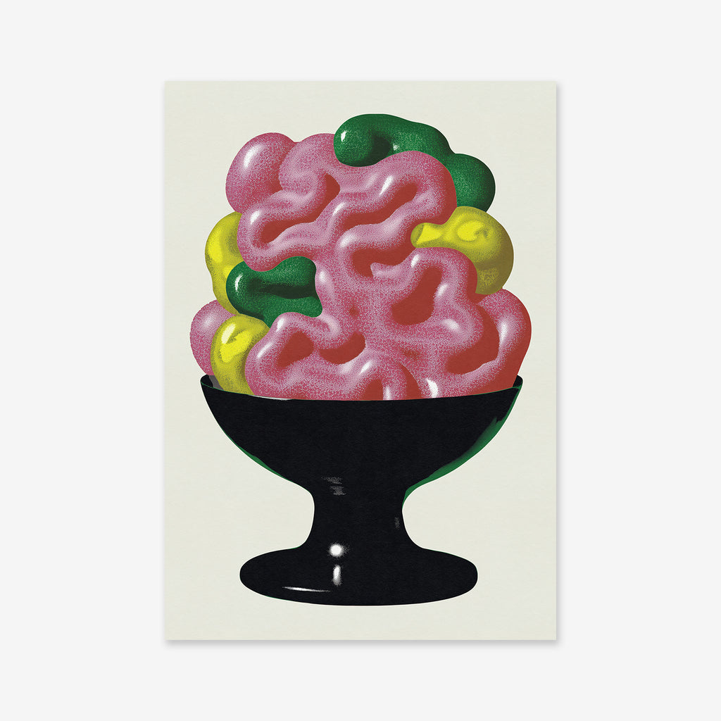 Illustration of a black bowl filled with pink, green, and yellow abstract "Melted ice cream" scoops on a white background—ideal as a giclée art print for modern interiors.