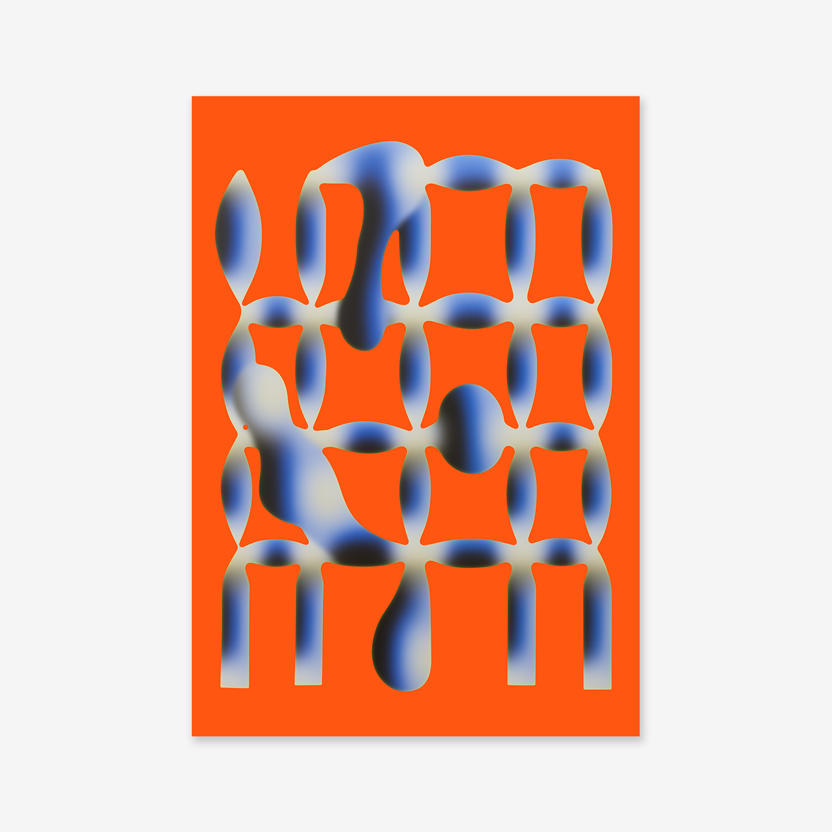 Melting beams: Abstract art with a grid of rounded, wavy shapes in blue, white, and black gradients on an orange background. This bold giclée print brings striking energy to any modern space.