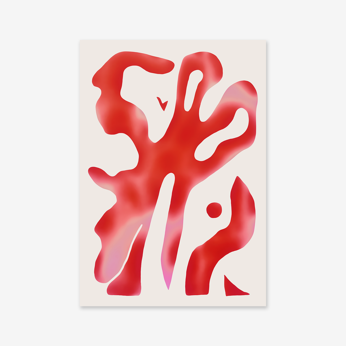 “Melting Scissor” is an abstract Giclée art print with red, organic fluid shapes and gradients on white. The dynamic forms evoke cut-out silhouettes, making it a striking accent for any modern interior.