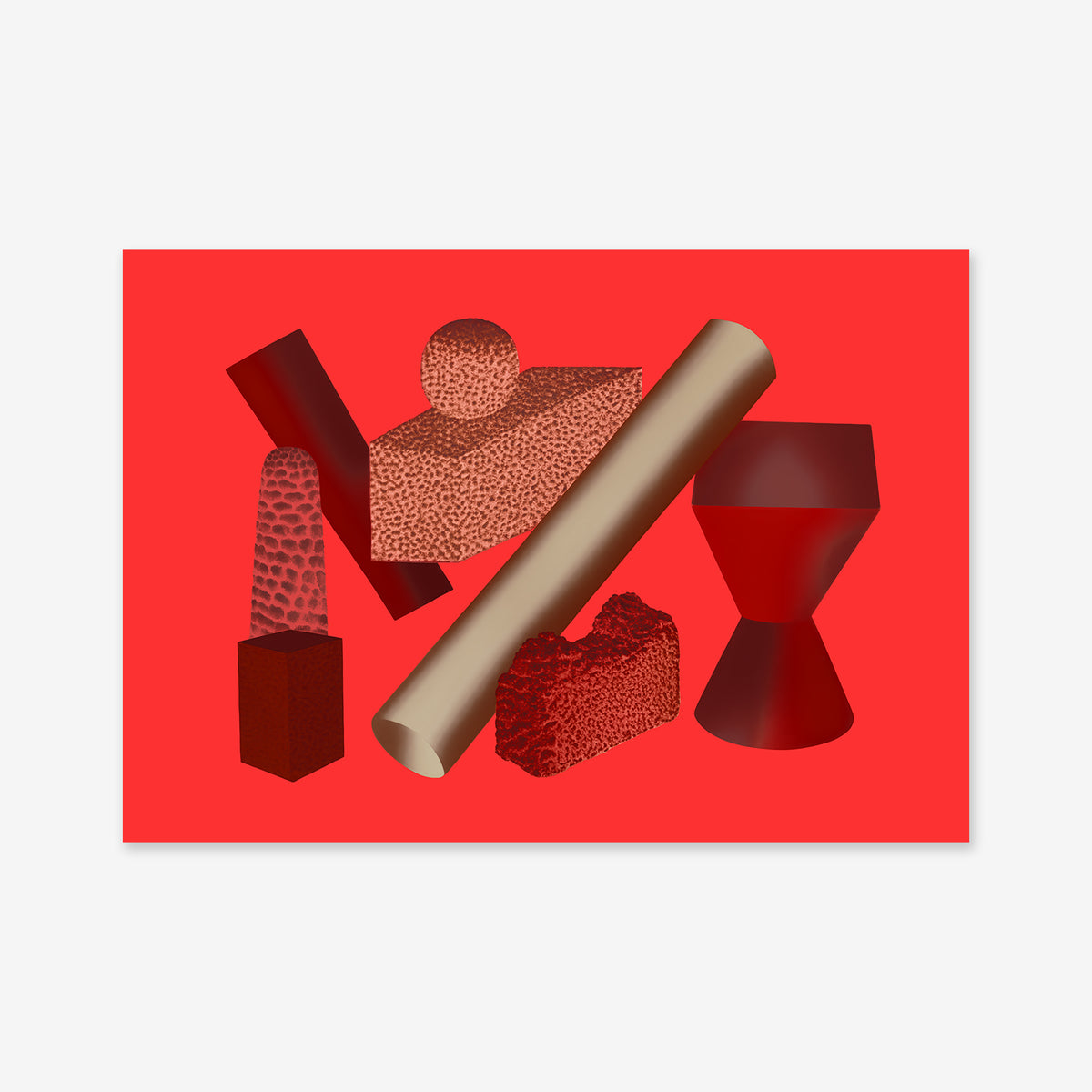 Messy No. 1 features a red background with various shapes, ideal as a Giclée art print to enhance any modern interior.