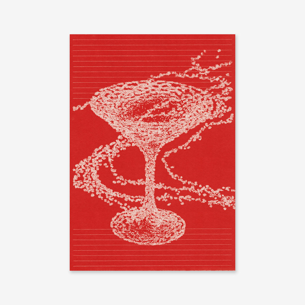 Messy cocktail: A stylized illustration of a cocktail glass formed from white dots with swirling, bubbly patterns on a vivid red background. Ideal as a giclée art print to enhance any modern interior.