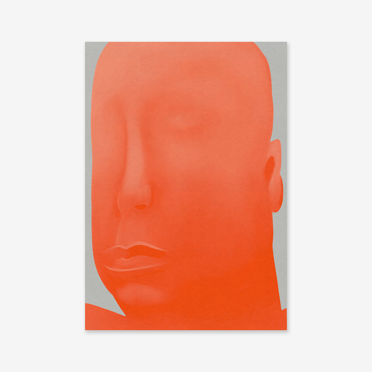Mind bender" is an abstract artwork featuring a human face in profile, rendered in vivid orange tones on a gray background. Its smooth, minimal features and blurred edges create a surreal effect—ideal as a Giclée art print for modern interiors.