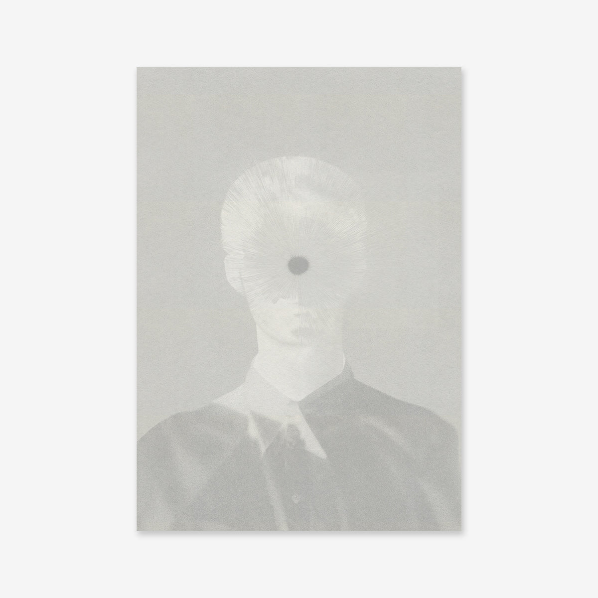 Mind blowing" is a grayscale portrait of a person in formal attire, their face hidden by a circular, radiating pattern on the forehead—a surreal, abstract effect that makes this giclée art print ideal for modern interiors.