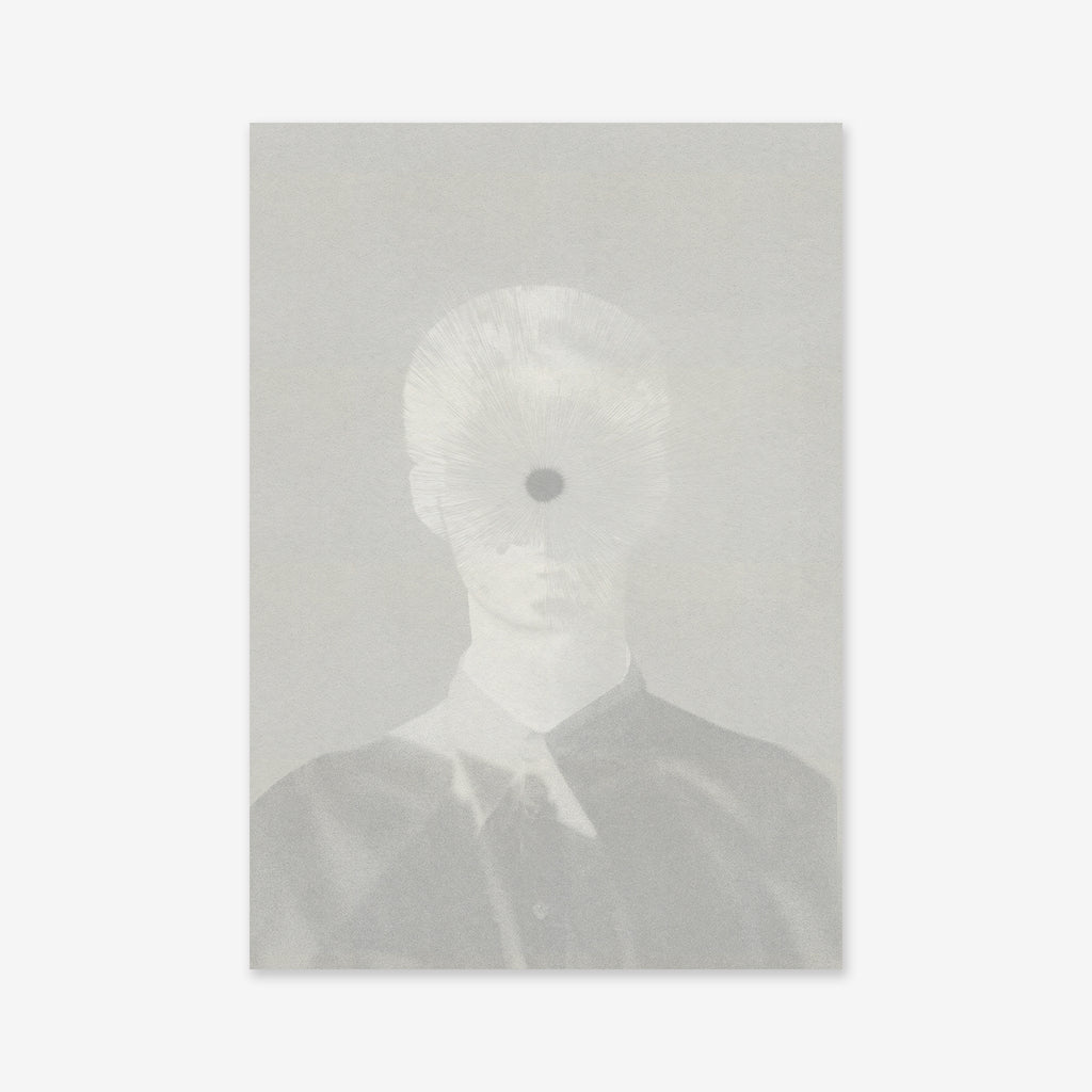 Mind blowing" is a grayscale portrait of a person in formal attire, their face hidden by a circular, radiating pattern on the forehead—a surreal, abstract effect that makes this giclée art print ideal for modern interiors.
