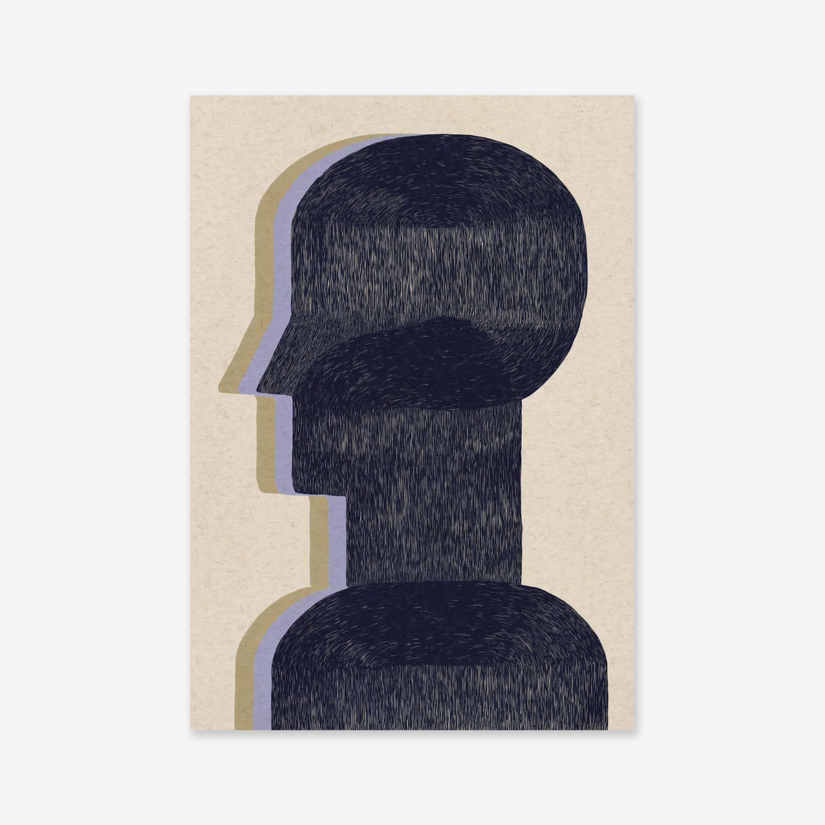 Mind Divided" is a minimalist illustration of a human profile, drawn with dark textured lines on archival-style paper, featuring overlapping shadow outlines in muted purple and yellow—ideal for modern interiors.