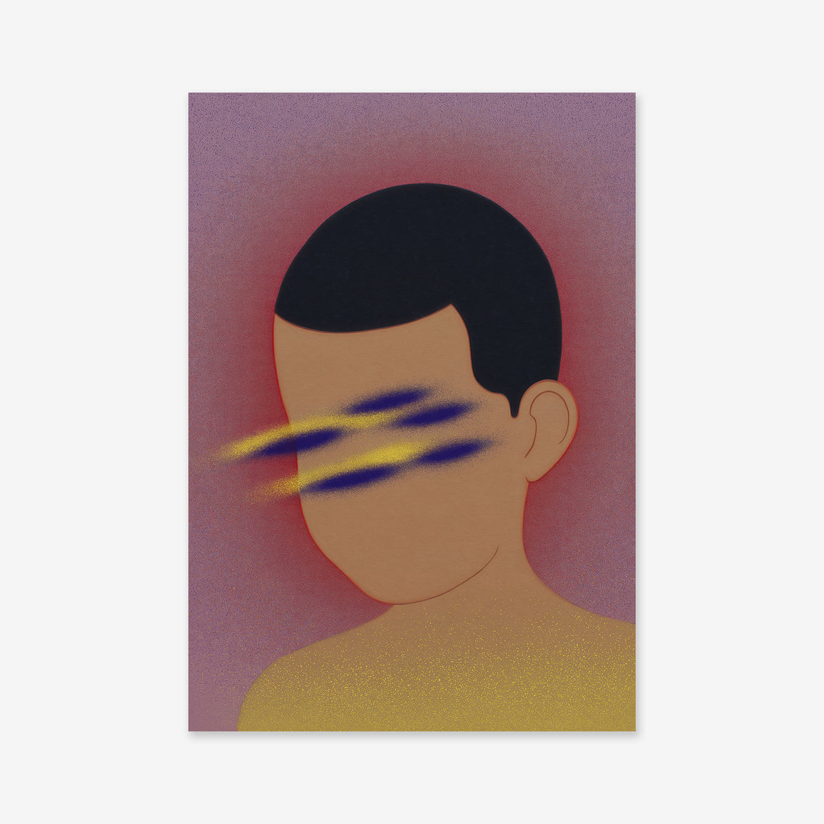 Mind over matter" is a stylized art print featuring a faceless person with short dark hair and blue-yellow streaks across the eyes, set against a purple-to-pink background—ideal as a giclée for modern interiors.