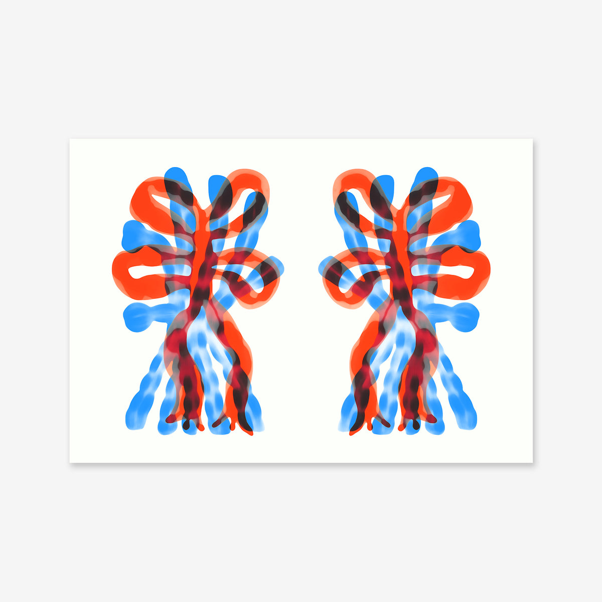 Mirrored No. 1" is a giclée print featuring two mirrored shapes in red, blue, and black on white—ideal for modern interiors. Printed on matte archival paper, its curving lines suggest ribbons or organic forms.