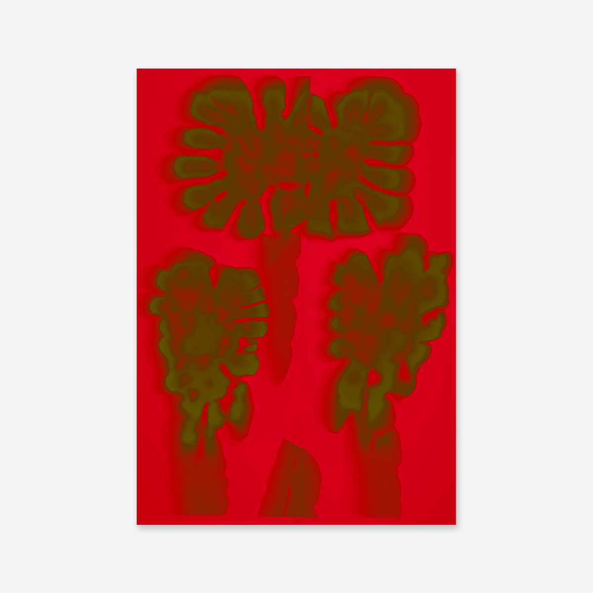 Monstera is a giclée art print featuring three green, flower-like shapes with red centers on a vivid red background. Its bold, blurred design adds vibrant contrast—ideal for modern interior decor.