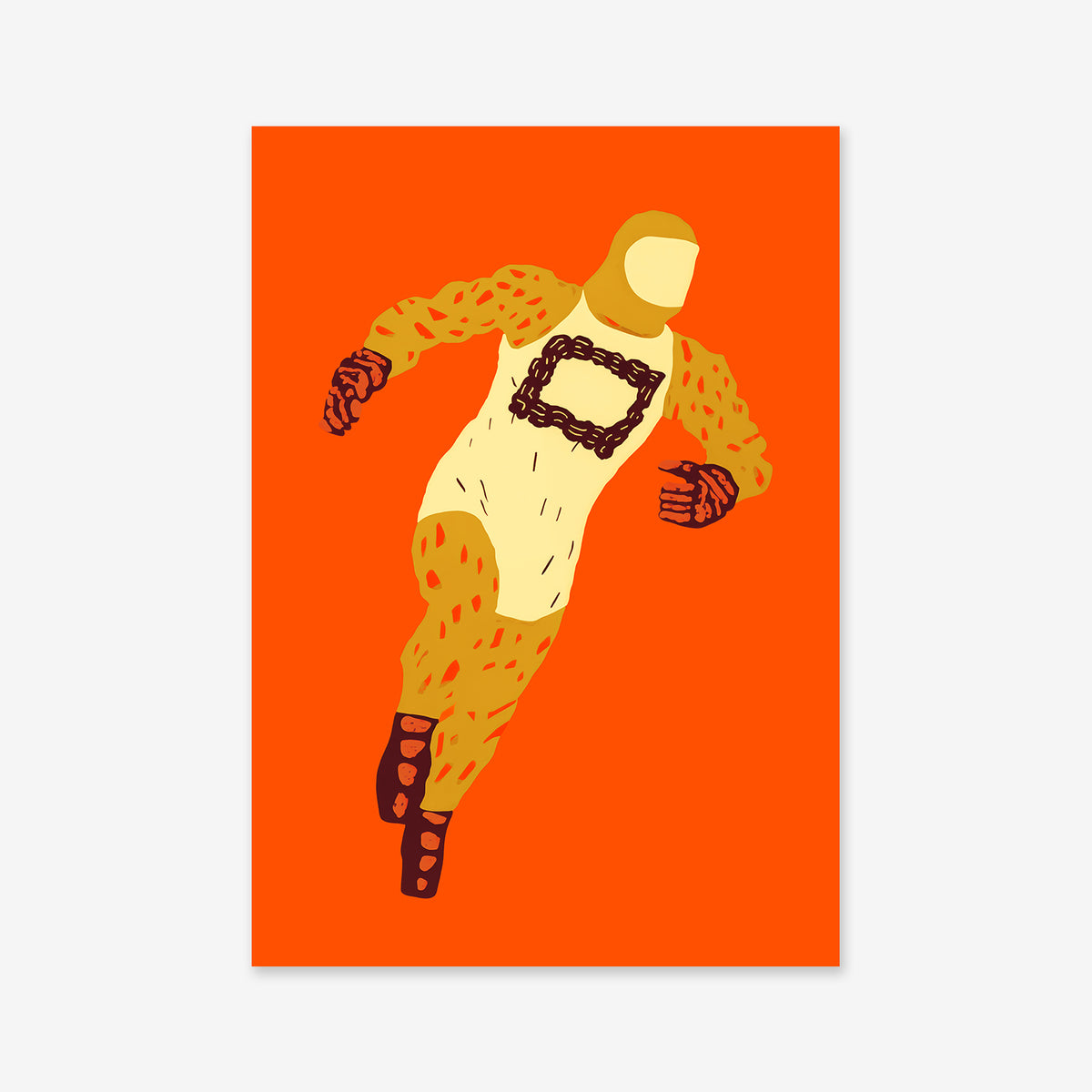 Moon runner" features a stylized figure in a yellow and orange suit with chain details, set against a vivid orange background. This Giclée art print adds bold energy and modern style to any interior space.