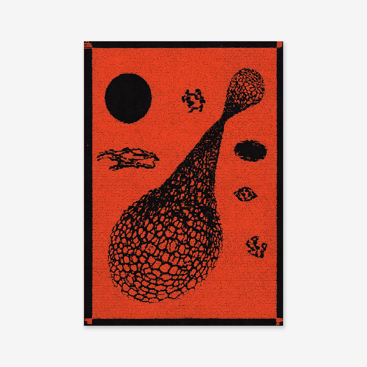 Morph features abstract black shapes—a large netted cone, solid circle, and geometric designs—on an orange backdrop with a black border. This modern accent is available as a Giclée art print on matte archival paper.