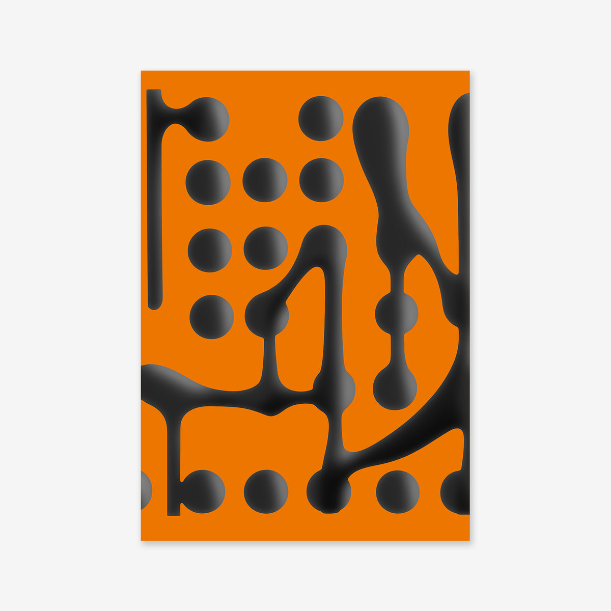Morphing No. 3 features an abstract design with a vivid orange background, scattered black dots, and bold, fluid black shapes—an ideal Giclée art print to energize any modern interior.