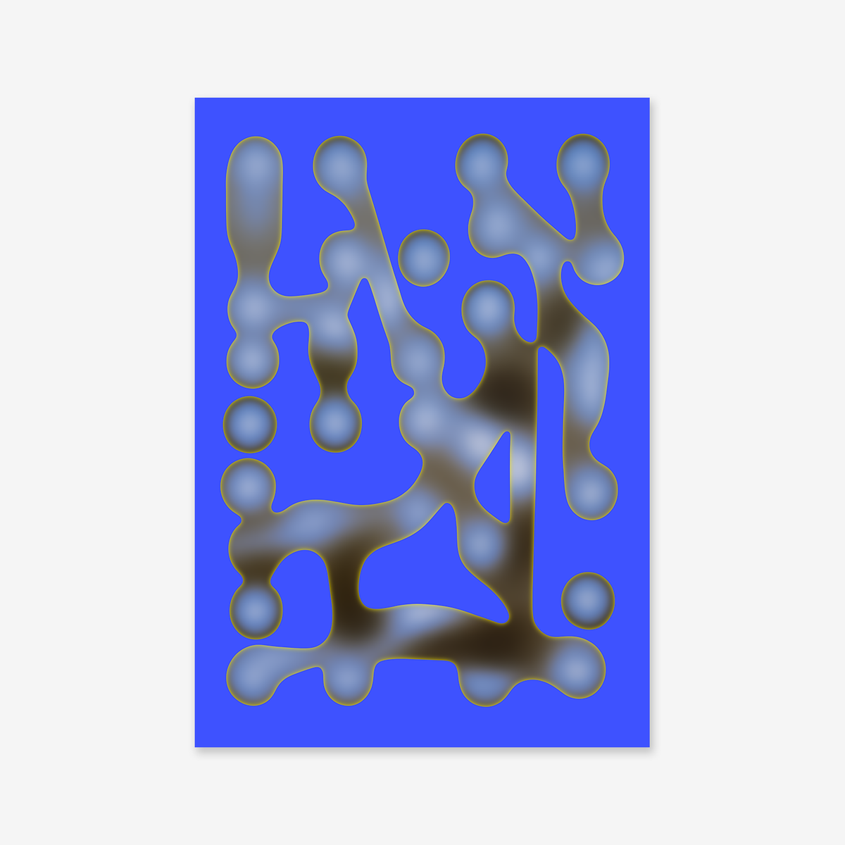 Morphing No. 2 features abstract blue artwork with organic, blobby shapes connected by rounded lines and black, gray, and white gradients on a bright blue background—a giclée art print ideal for adding a fluid, modern vibe to any space.